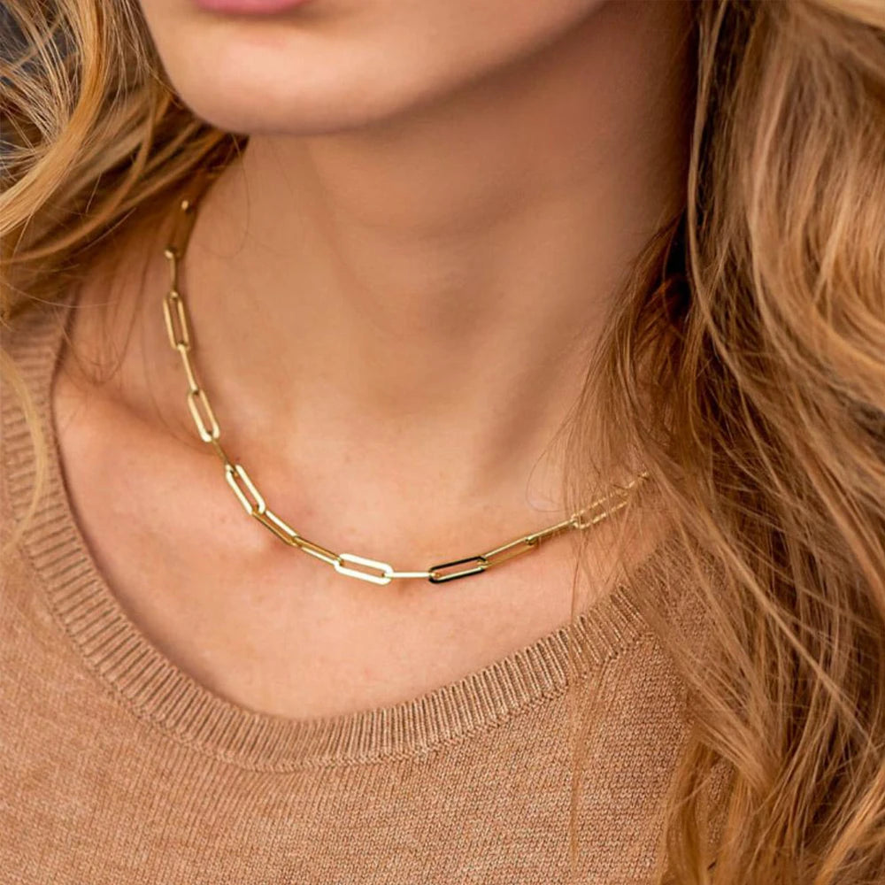 eManco  Hot Fashion Paperclip Link Chain Women Necklace Stainless Steel Gold Color Chain Necklace For Women Men Jewelry Gift