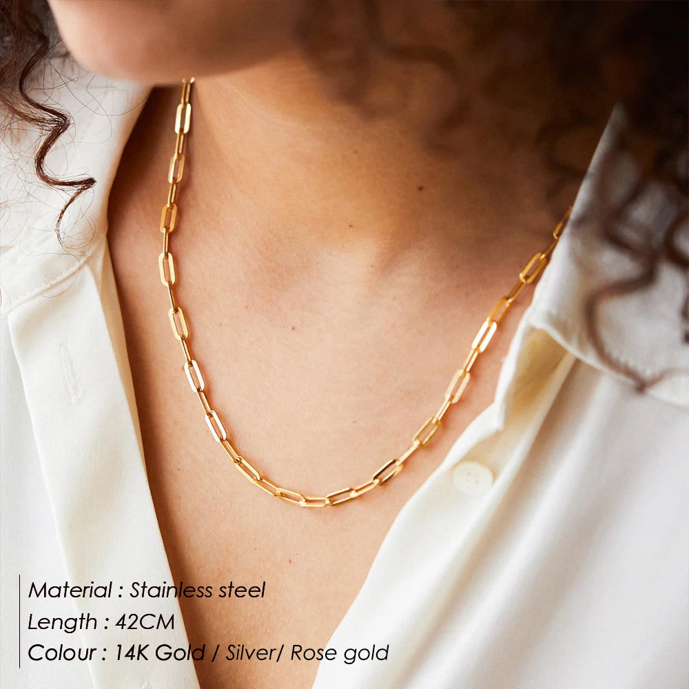 eManco  Hot Fashion Paperclip Link Chain Women Necklace Stainless Steel Gold Color Chain Necklace For Women Men Jewelry Gift