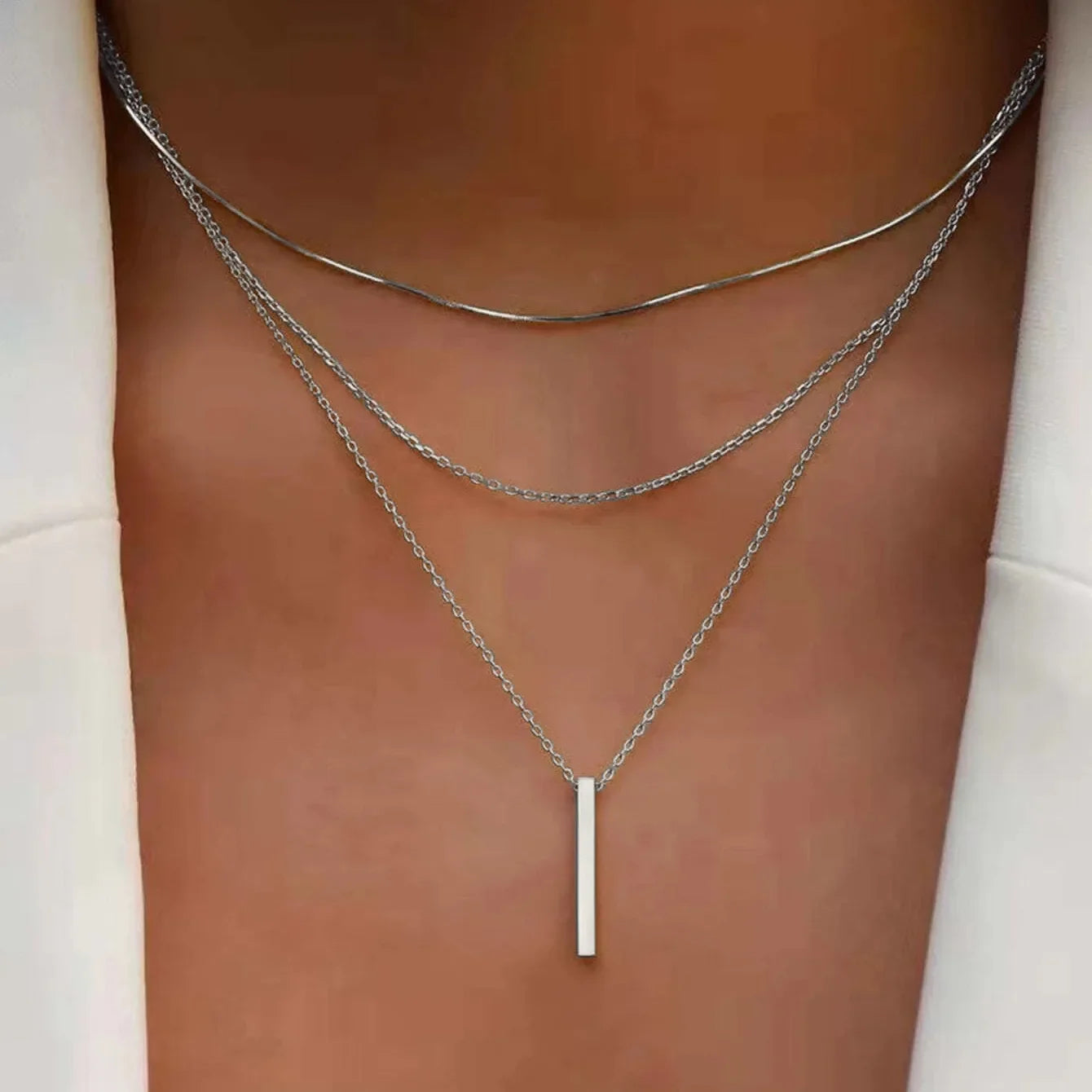 925 Sterling Silver Three-Layer Stacking Necklace Women Simple Strip Pendant Waterproof Hypoallergenic Collarbone Chain Jewelry