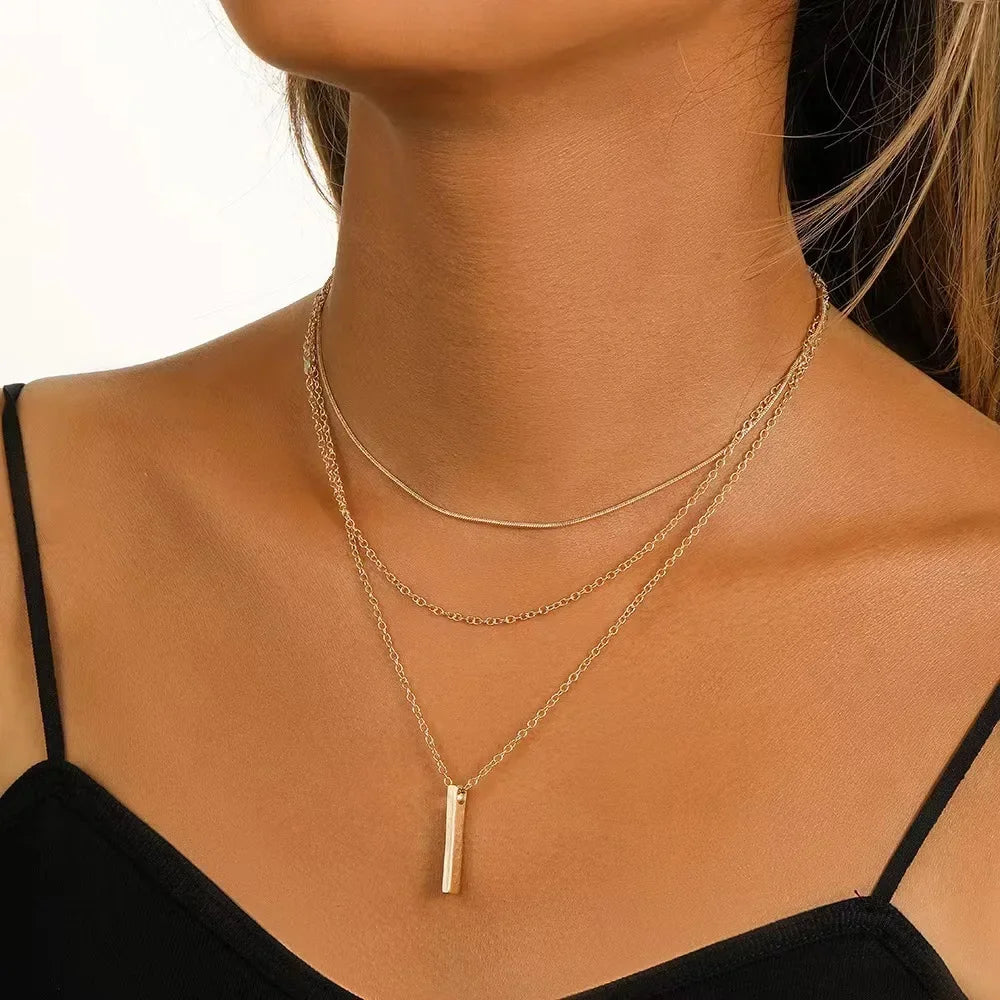 925 Sterling Silver Three-Layer Stacking Necklace Women Simple Strip Pendant Waterproof Hypoallergenic Collarbone Chain Jewelry