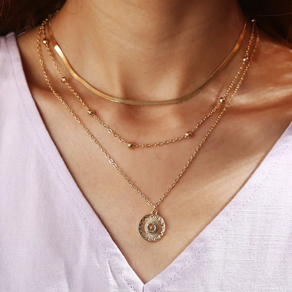 925 Sterling Silver Three-Layer Stacking Necklace Women Simple Strip Pendant Waterproof Hypoallergenic Collarbone Chain Jewelry