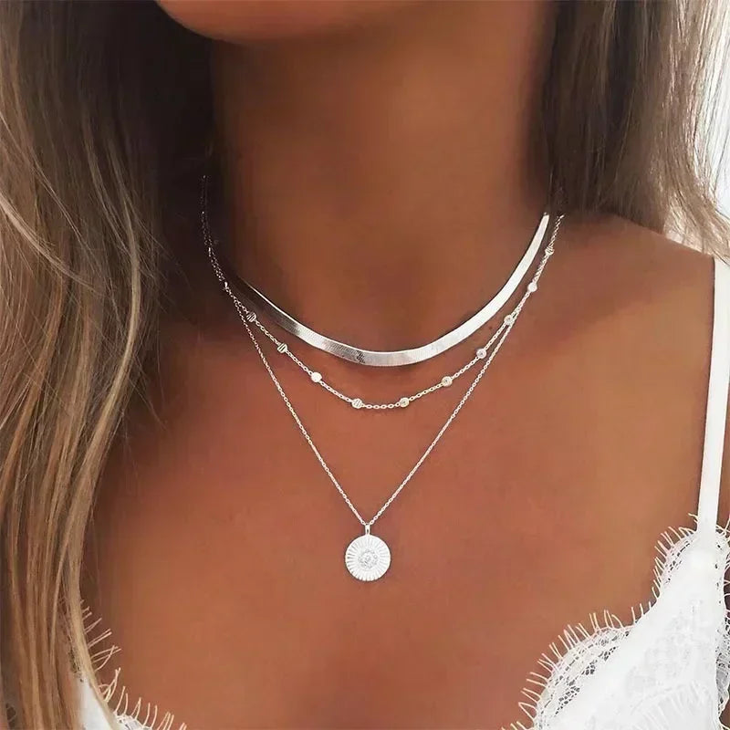 925 Sterling Silver Three-Layer Stacking Necklace Women Simple Strip Pendant Waterproof Hypoallergenic Collarbone Chain Jewelry