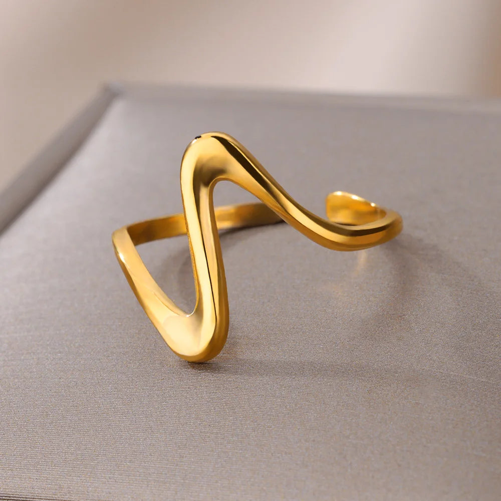 Vintage Geometric Wave Rings For Women Stainless Steel Gold Color Adjustable Ring Aesthetic Wedding Jewelry Gift Free Shipping