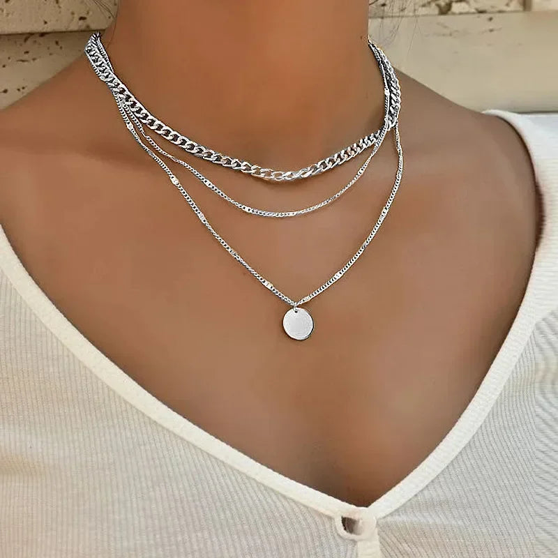 925 Sterling Silver Three-Layer Stacking Necklace Women Simple Strip Pendant Waterproof Hypoallergenic Collarbone Chain Jewelry