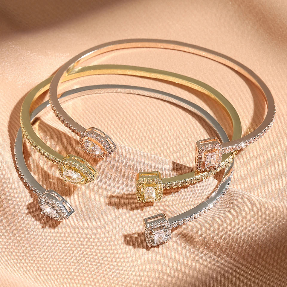 Luxury Geometry Gold Color Cuff Bangles For Women Fashion Cubic Zirconia Bracelets INS Party Everyday Jewlery.