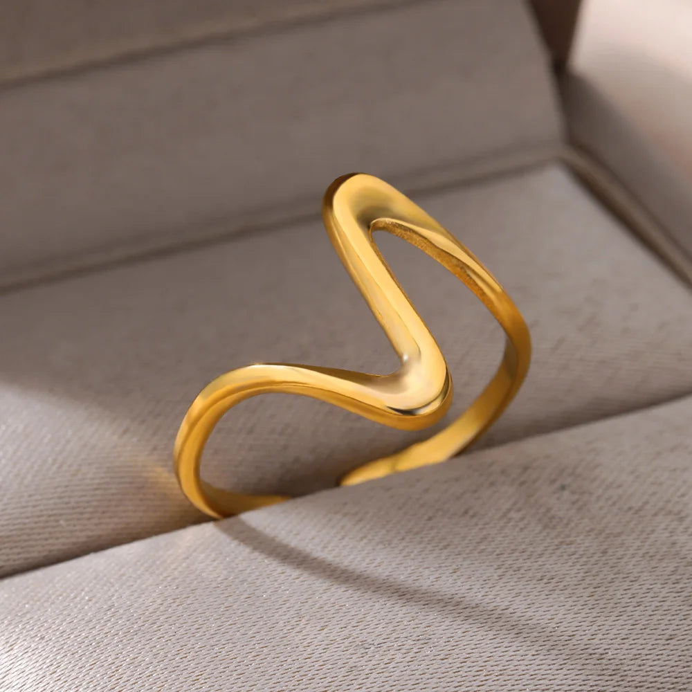Vintage Geometric Wave Rings For Women Stainless Steel Gold Color Adjustable Ring Aesthetic Wedding Jewelry Gift Free Shipping