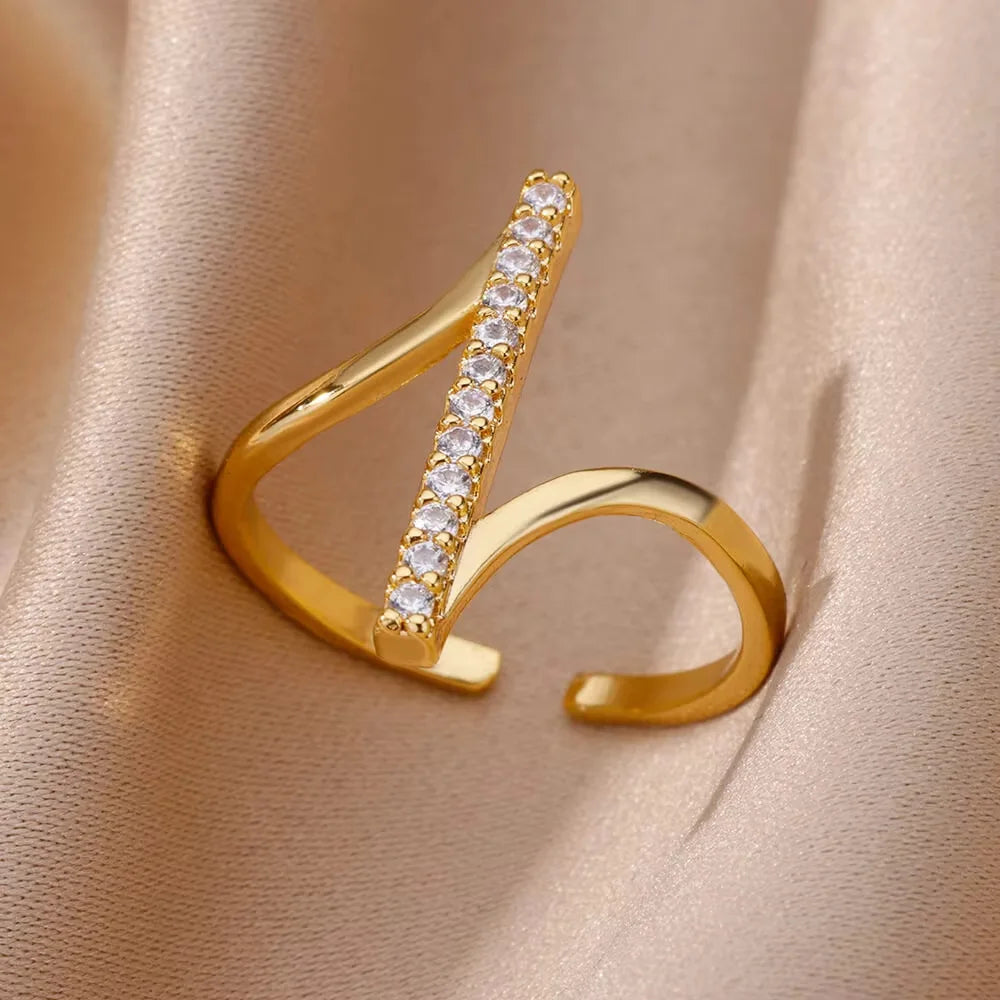 Gold Plated Stainless Steel Crystal Rings For Women Chain Geometry Zircon Finger Ring Jewelry Gift anillos mujer 2025 New Trendy
