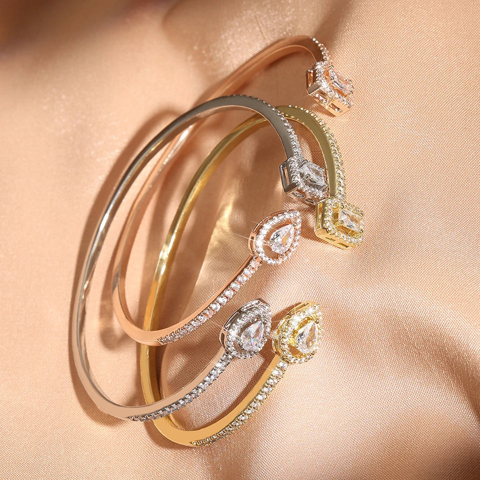 Luxury Geometry Gold Color Cuff Bangles For Women Fashion Cubic Zirconia Bracelets INS Party Everyday Jewlery.