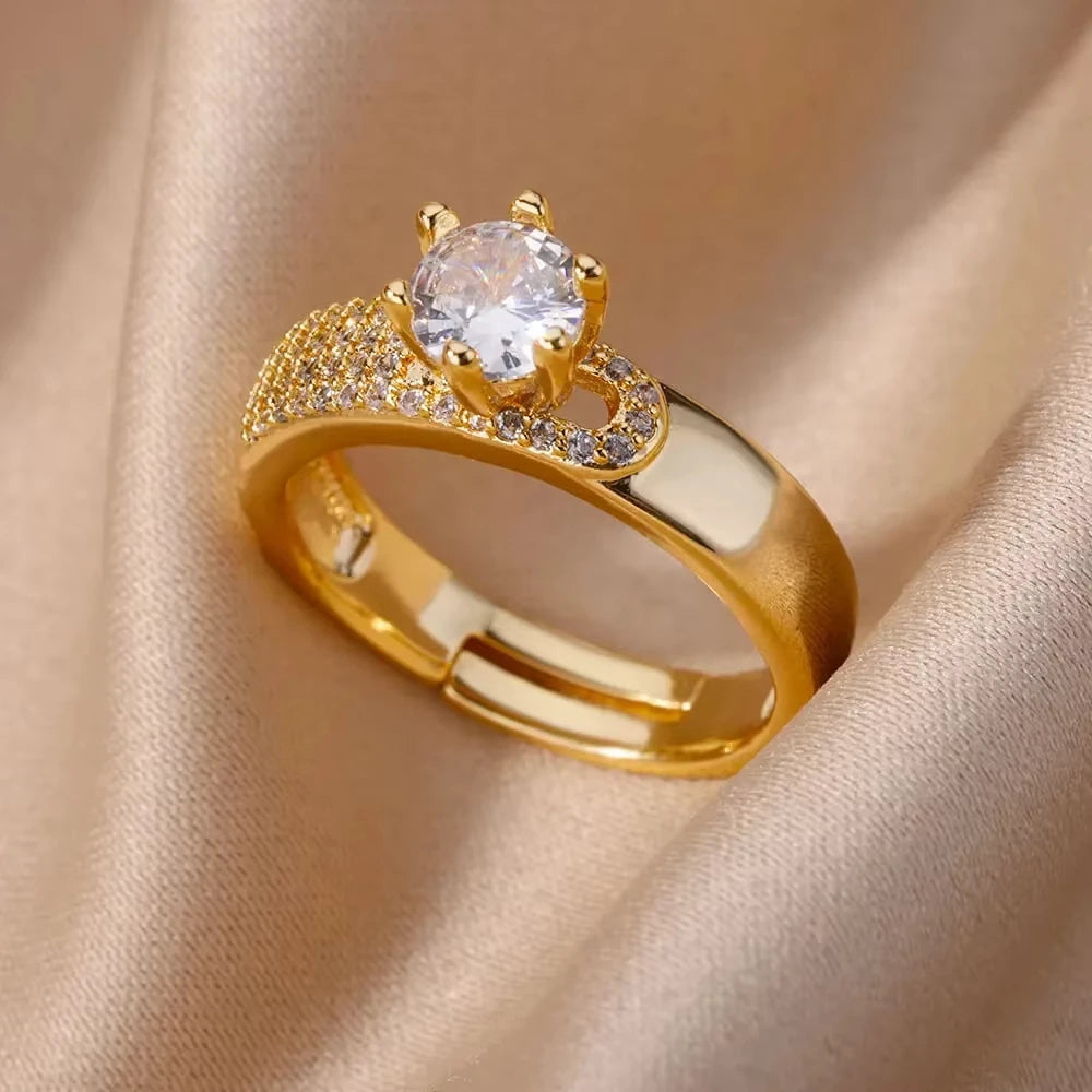 Gold Plated Stainless Steel Crystal Rings For Women Chain Geometry Zircon Finger Ring Jewelry Gift anillos mujer 2025 New Trendy
