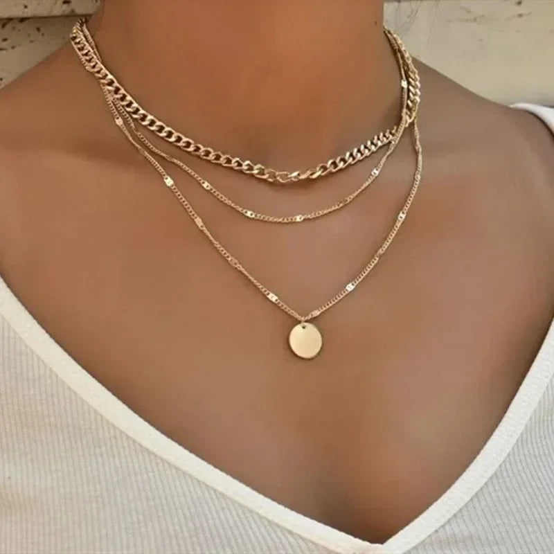 925 Sterling Silver Three-Layer Stacking Necklace Women Simple Strip Pendant Waterproof Hypoallergenic Collarbone Chain Jewelry