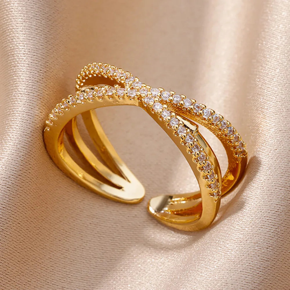 Gold Plated Stainless Steel Crystal Rings For Women Chain Geometry Zircon Finger Ring Jewelry Gift anillos mujer 2025 New Trendy